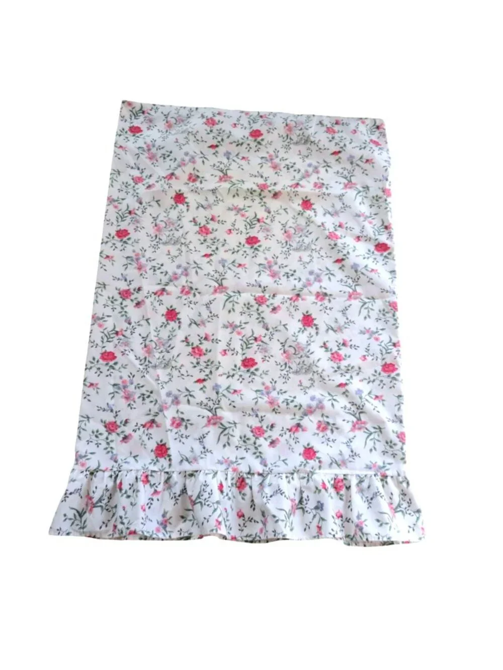 Vintage Floral Ruffle Standard Pillowcase White Pink Green Cotton Cottagecore